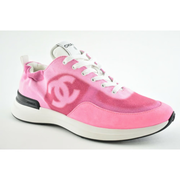 Chanel 21S Neon Pink Denim Suede CC Logo Lace Up Tie Low Top Trainer Sneaker 37 - Picture 12 of 12